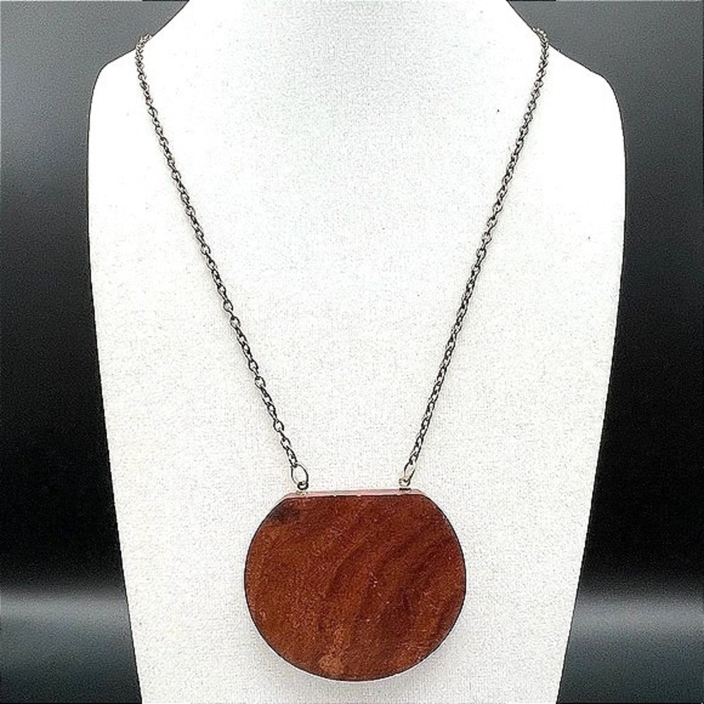 Vintage Brown Wood Round Pendant Necklace Boho Statement Chain
